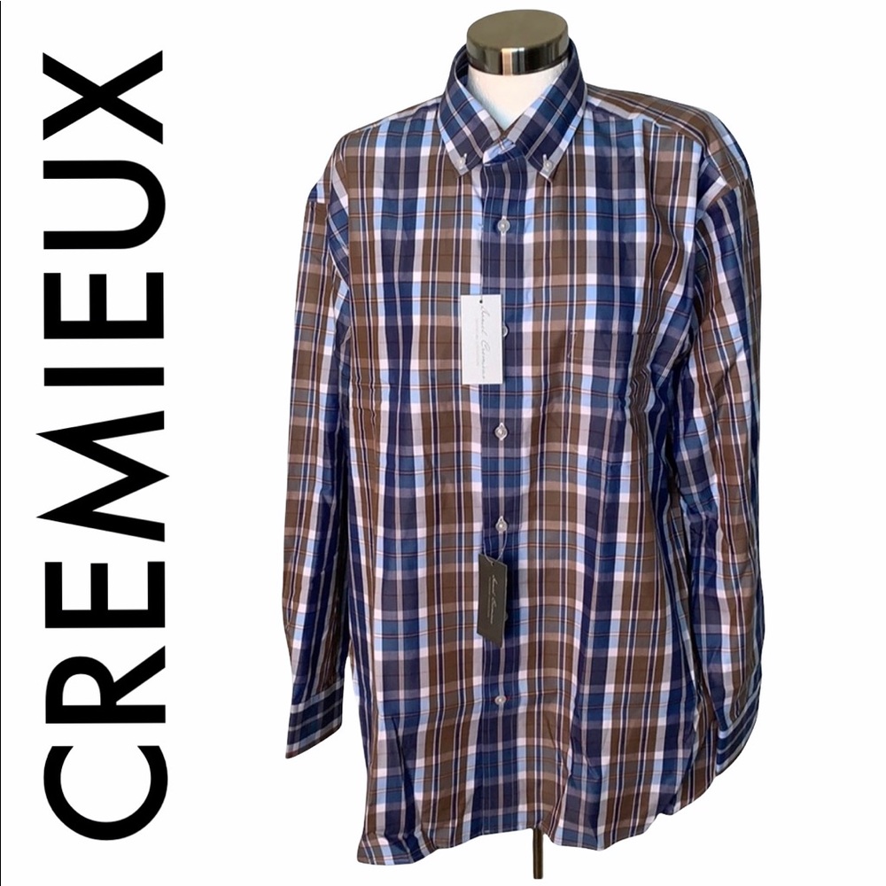 DANIEL CREMIEUX NWT MEN’S BLUE WHITE BROWN PLAID LONG SLEEVE BUTTON FRONT LARGE - Picture 1 of 6